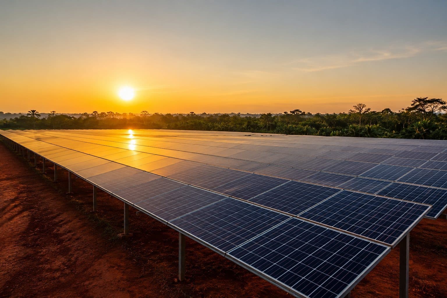 Centrale solaire photovoltaïque au coucher du soleil